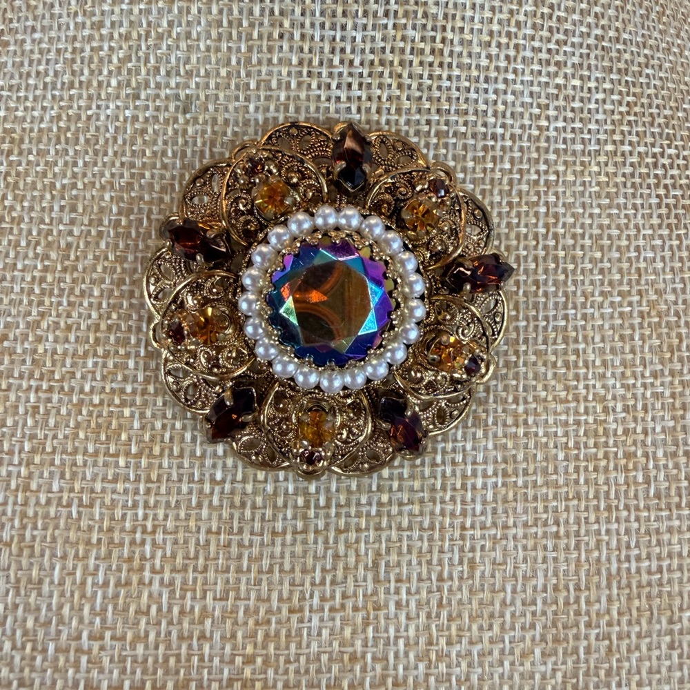 Vintage West Germany Gold and Multicolor Brooch With AB Center Stone - Picture 4 of 9